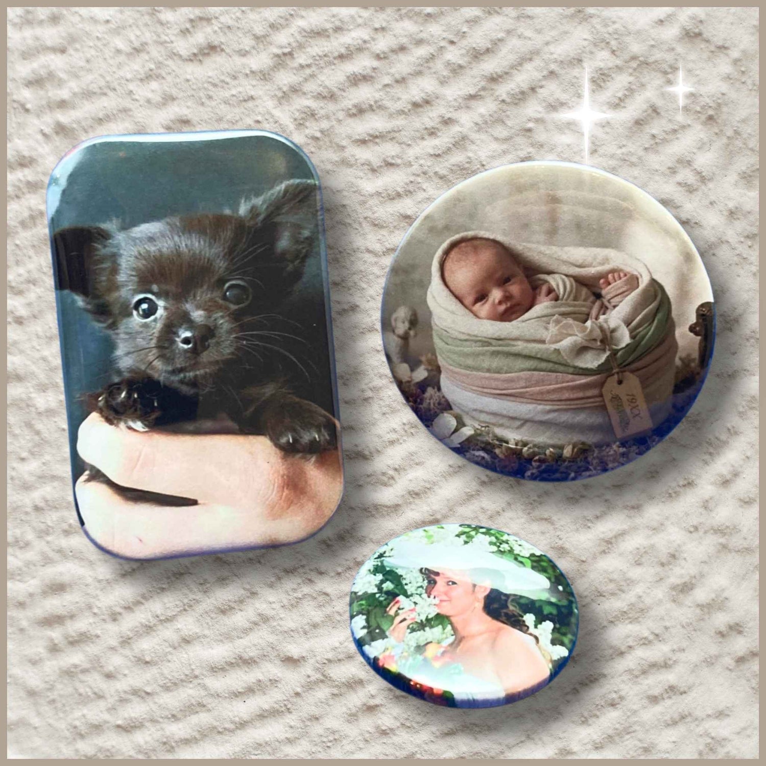 Overzicht van de drie gepersonaliseerde foto buttons van Elseways: 38 mm, 59 mm en rechthoekig.