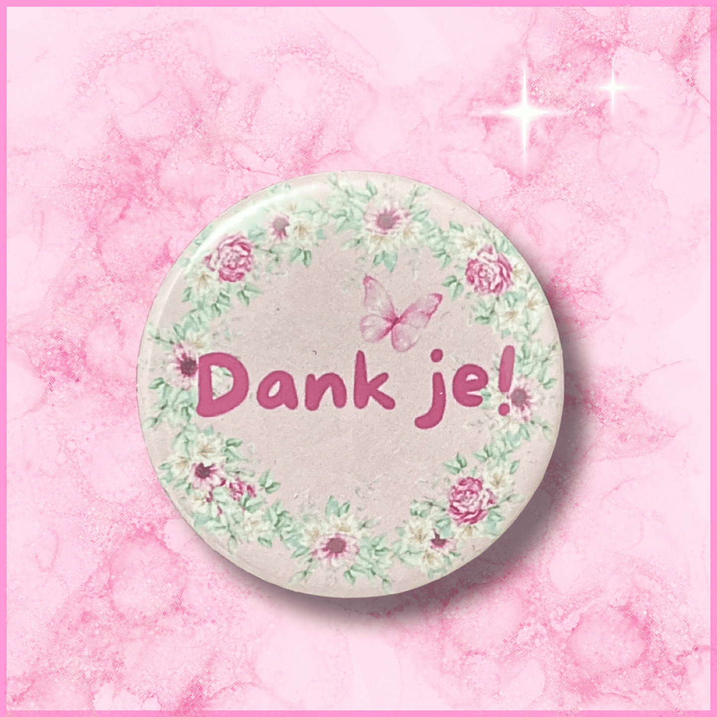 Voorkant van een ronde fotomagneet (38mm) met een bedankje erop (Dank je!)