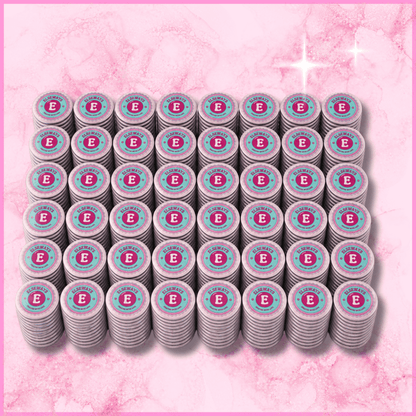 Voor en zijkant van 48 stapels ronde zakelijke fotomagneten (59mm) met een  logo erop (ongeveer 500 stuks)