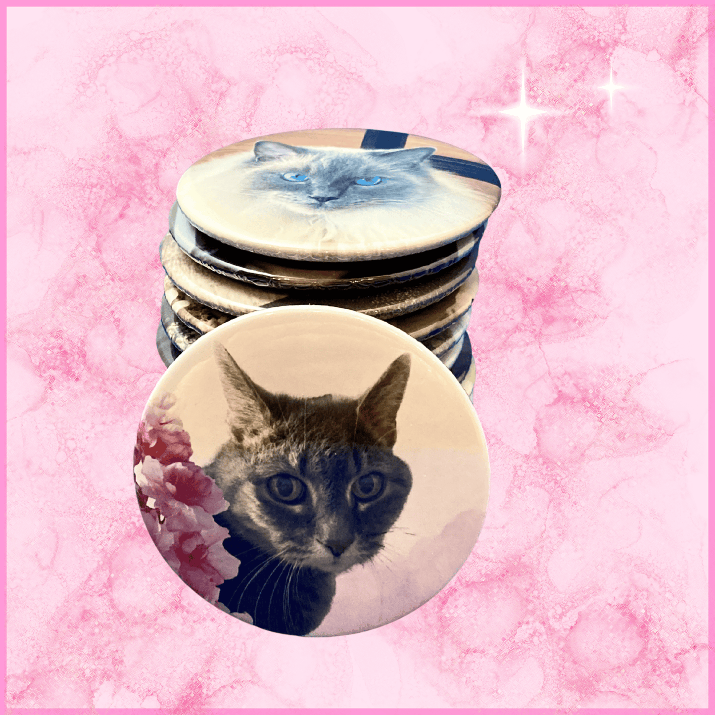 Voorkant van een set van 9 ronde fotomagneten (59mm) met huisdieren (poezen)