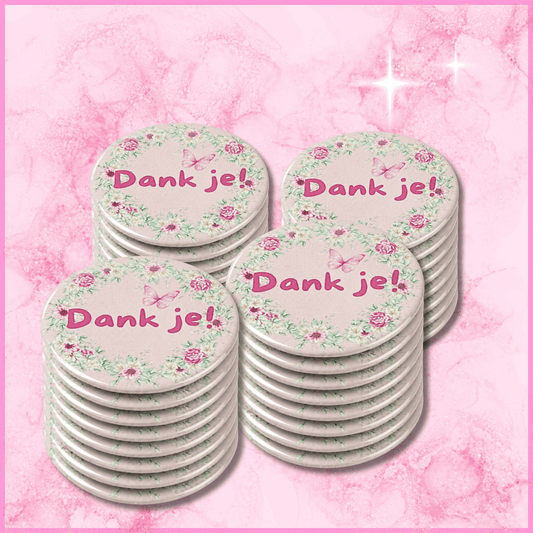 Voor en zijkant van vier stapels ronde fotomagneten (38mm)  met Dank je! erop