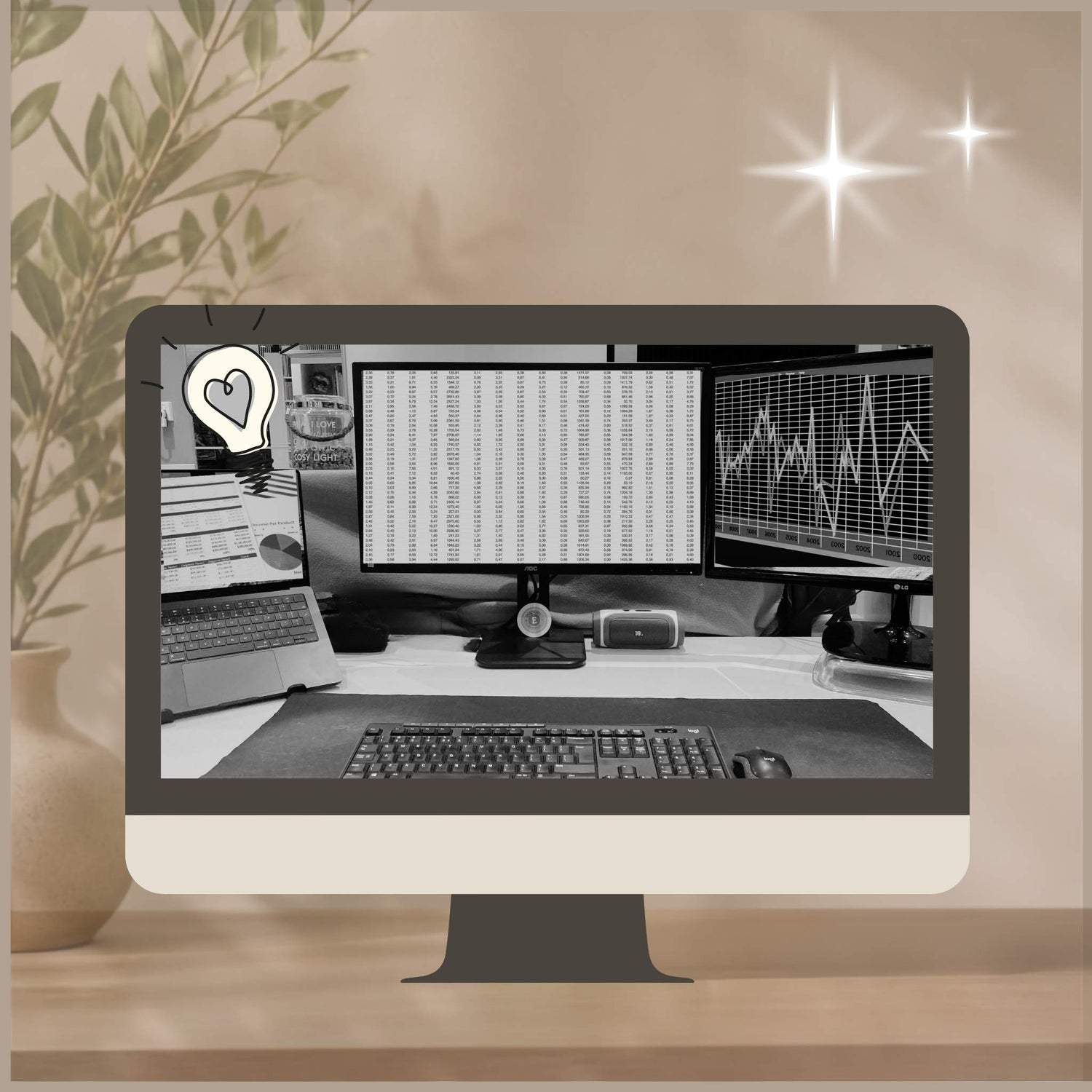 Sfeervol opgeruimd bureau met een beeldscherm en plant voor professionele financieel administratieve dienstverlening.