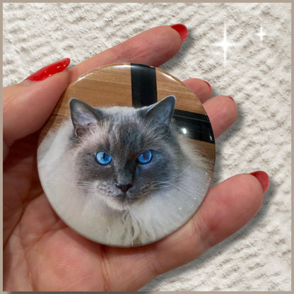 Duidelijke schaalfoto van een ronde gepersonaliseerde fotomagneet van 59mm met ragdoll kat vastgehouden in een hand om het ware formaat te tonen.