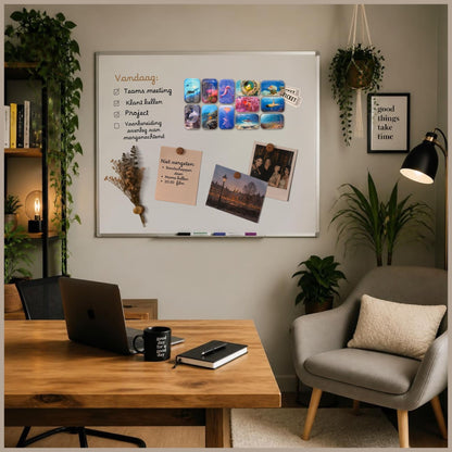 Gezellige werkkamer met een whiteboard vol briefjes en twaalf fotomagneten van onderwaterleven, waaronder vissen, een kwal, een zeepaardje en duikers.