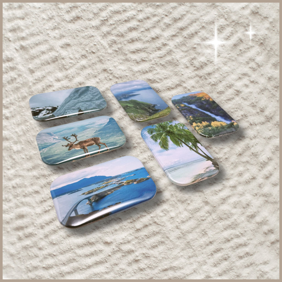 Productfoto van een set van zes gepersonaliseerde rechthoekige fotomagneten (68x44mm) daarop vakantiefoto's van natuur.