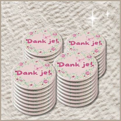 Set ronde gepersonaliseerde fotomagneten van 38 mm met hetzelfde 'Dank je'-ontwerp.