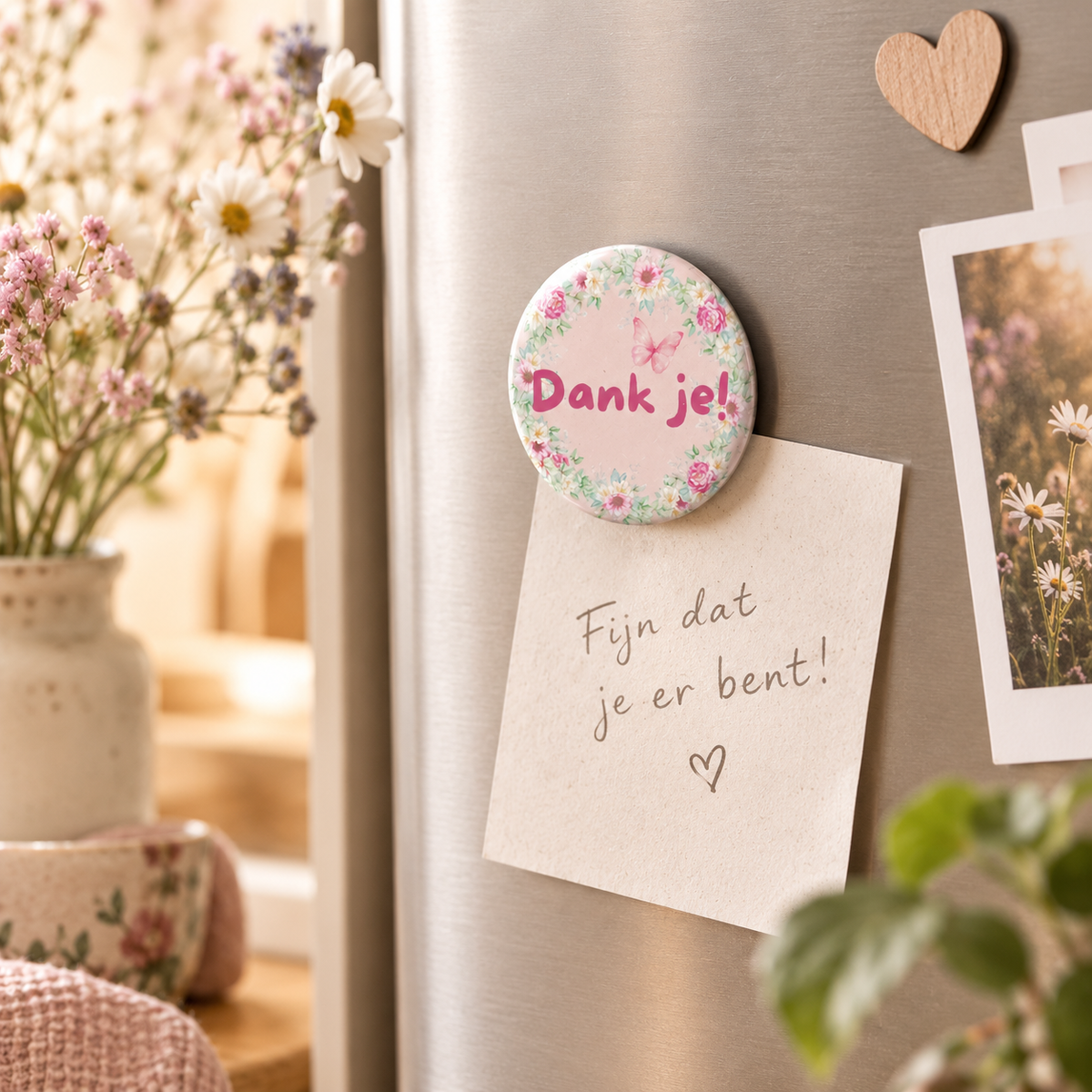 Een ronde fotomagneet van 38mm met de tekst "Dank je!" op een koelkast, die een kaartje met "Fijn dat je er bent!" vasthoudt, omringd door een sfeervol interieur met een bos bloemen, een kleedje en een plant.
