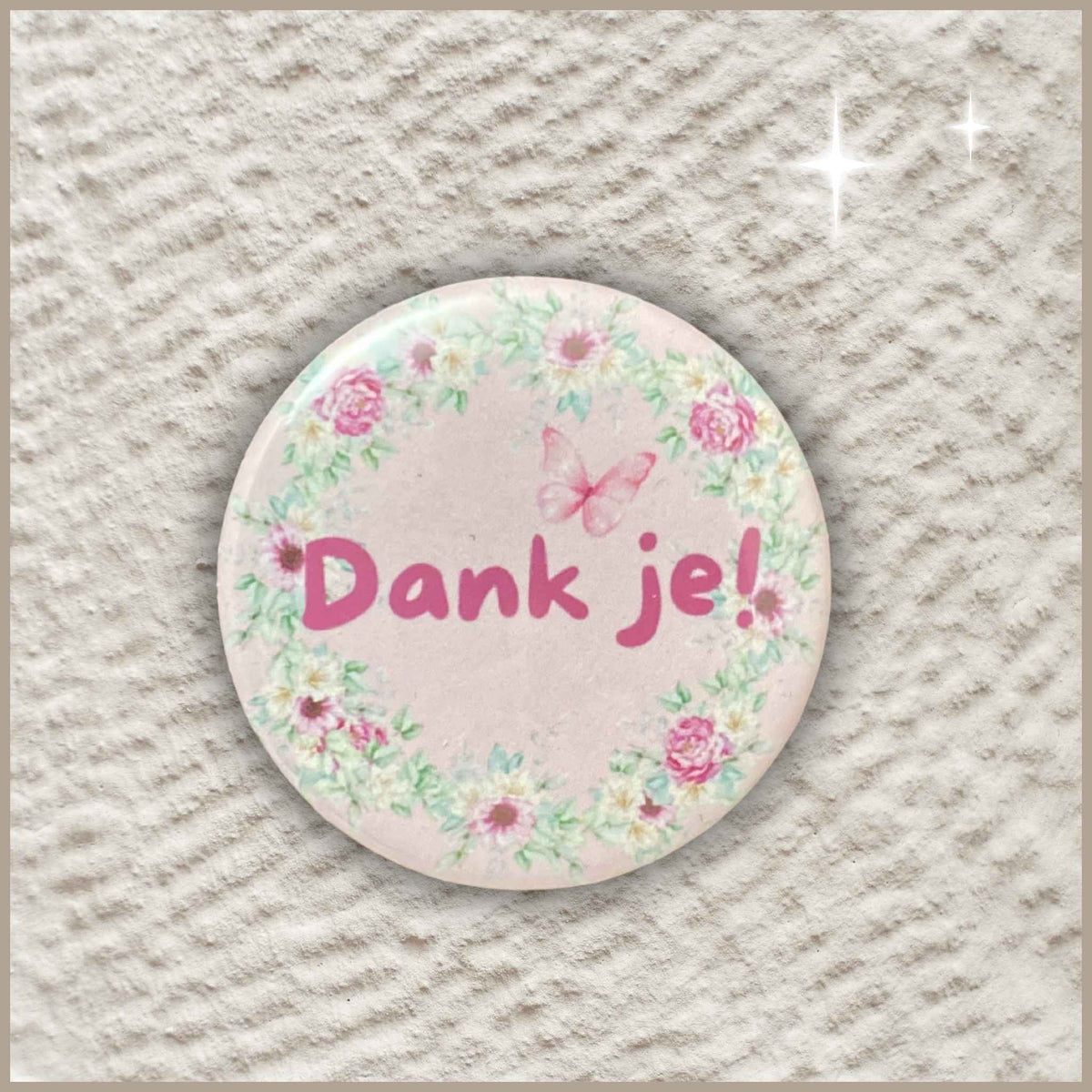Ronde gepersonaliseerde fotomagneet van 38 mm met een 'Dank je'-ontwerp.