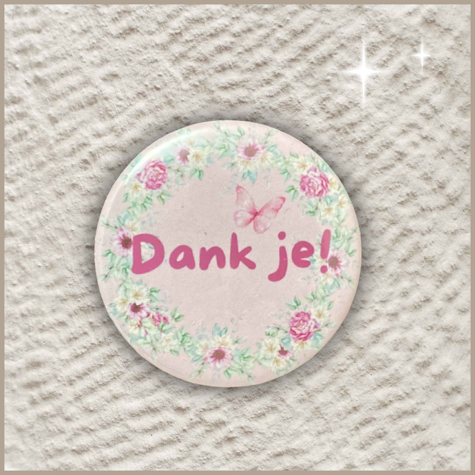 Ronde gepersonaliseerde fotomagneet van 38 mm met een 'Dank je'-ontwerp.