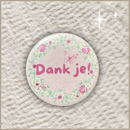 Ronde gepersonaliseerde fotomagneet van 38 mm met een 'Dank je'-ontwerp.