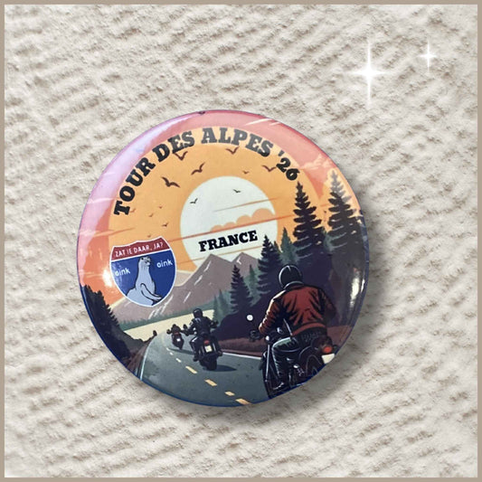 Ronde foto button van 59 mm met een gepersonaliseerd ontwerp voor een motorclub.