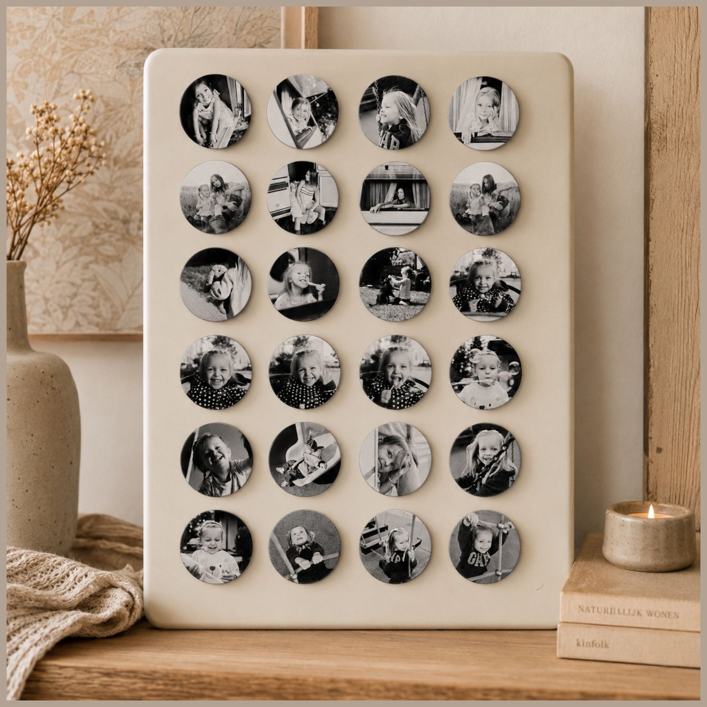 Gedeeltelijk aanzicht van een gezellige woonkamer in beige natuurtinten. Op een sidetable staat een magneetbord met 24 ronde, zwart-witte fotomagneten (38mm) van een fotoshoot met een klein meisje.