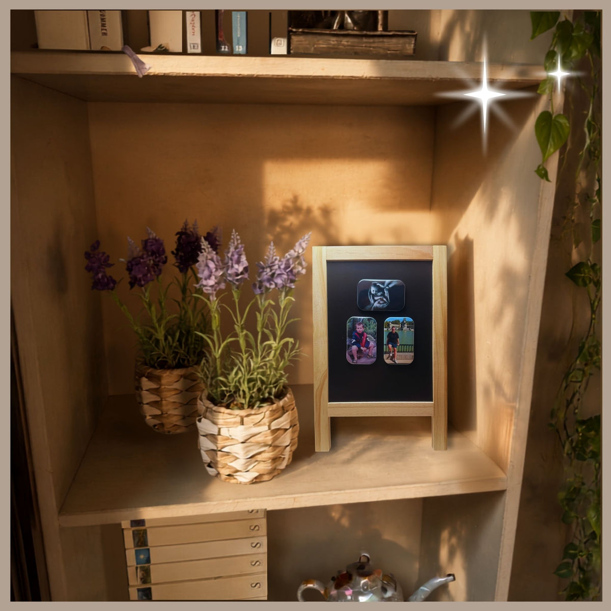 Sfeerbeeld van een vakkenkast met een magneetbord waarop een set van drie rechthoekige gepersonaliseerde fotomagneten hangt, die een man tonen als baby, peuter en volwassene.