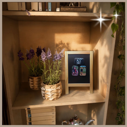 Sfeerbeeld van een vakkenkast met een magneetbord waarop een set van drie rechthoekige gepersonaliseerde fotomagneten hangt, die een man tonen als baby, peuter en volwassene.