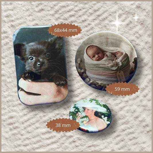 Vergelijking van gepersonaliseerde fotobuttons in 38 mm, 59 mm en rechthoekig formaat.